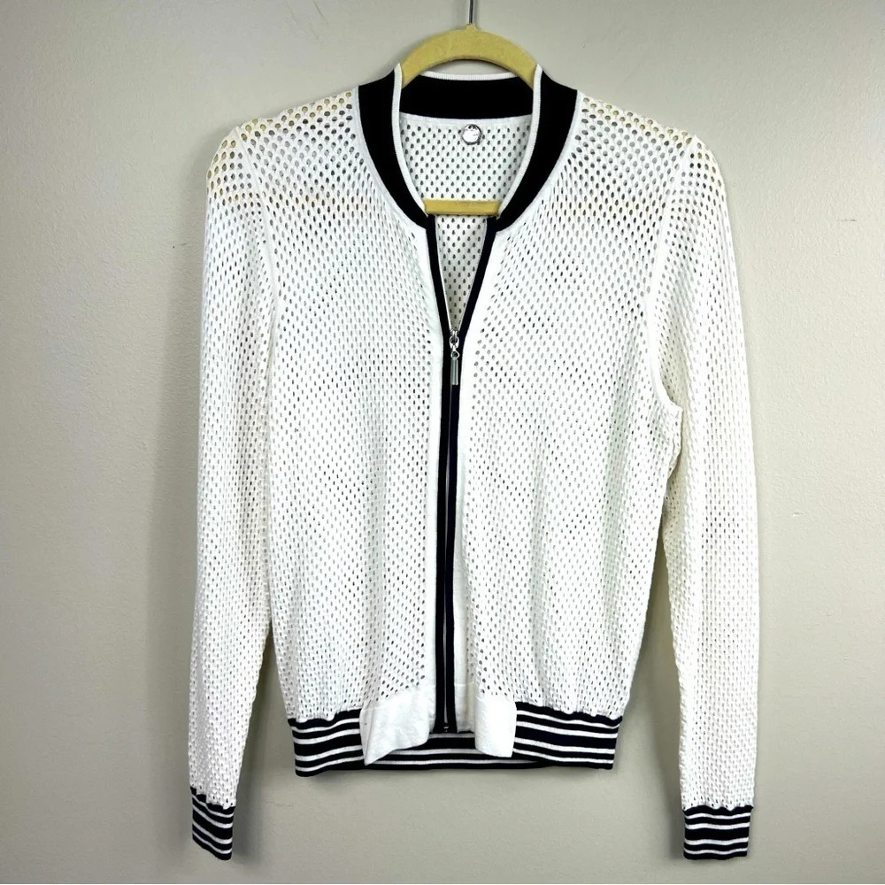 MARGARET O'Leary long sleeve zipped up nautical style see through top sweater